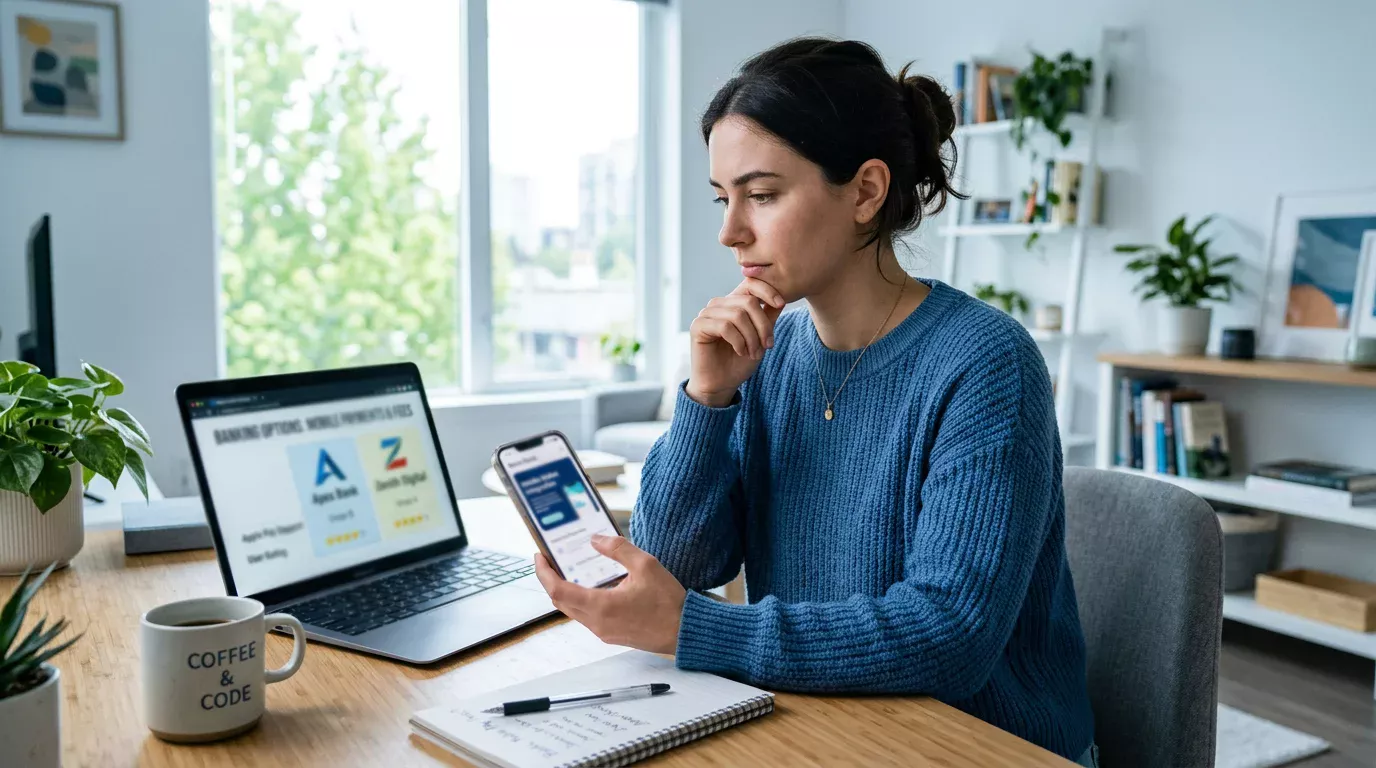 Osoba porównująca konta bankowe na telefonie i laptopie szukająca banku z BLIK