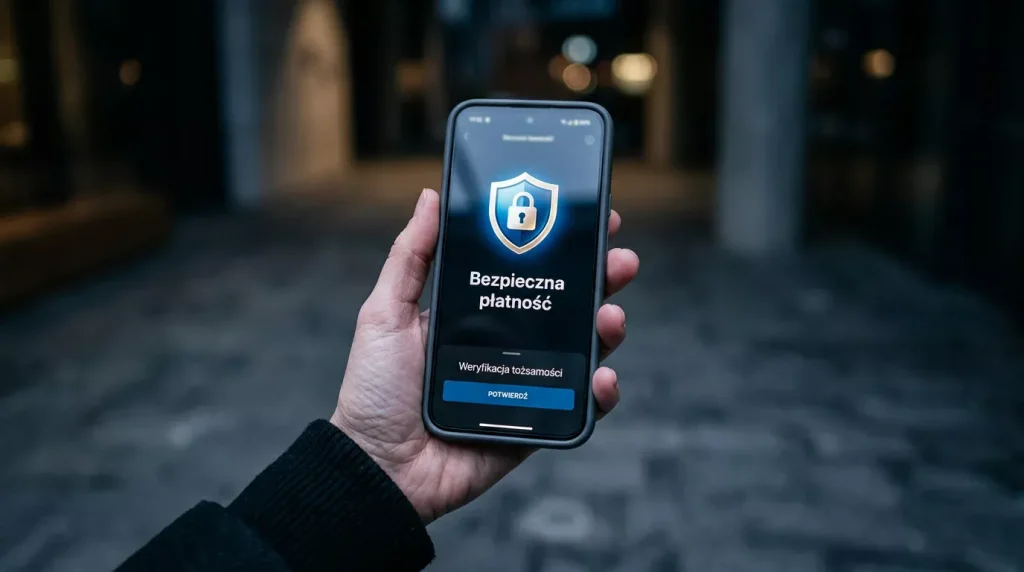 Smartfon z aplikacją bankową i symbolem ochrony kodu BLIK przed wyłudzeniem