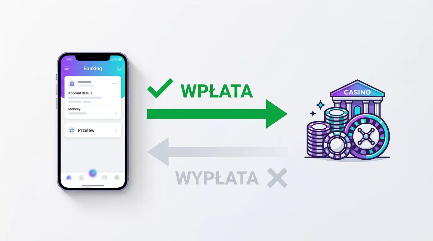 Ilustracja jednokierunkowego przepływu płatności BLIK, który obsługuje wpłatę, ale nie wypłatę z kasyna