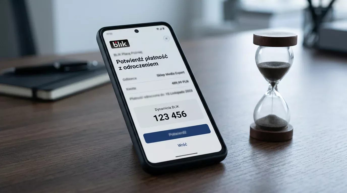 Telefon z funkcją BLIK Płacę Później i symbol odroczonej płatności w kontekście gry w kasynie
