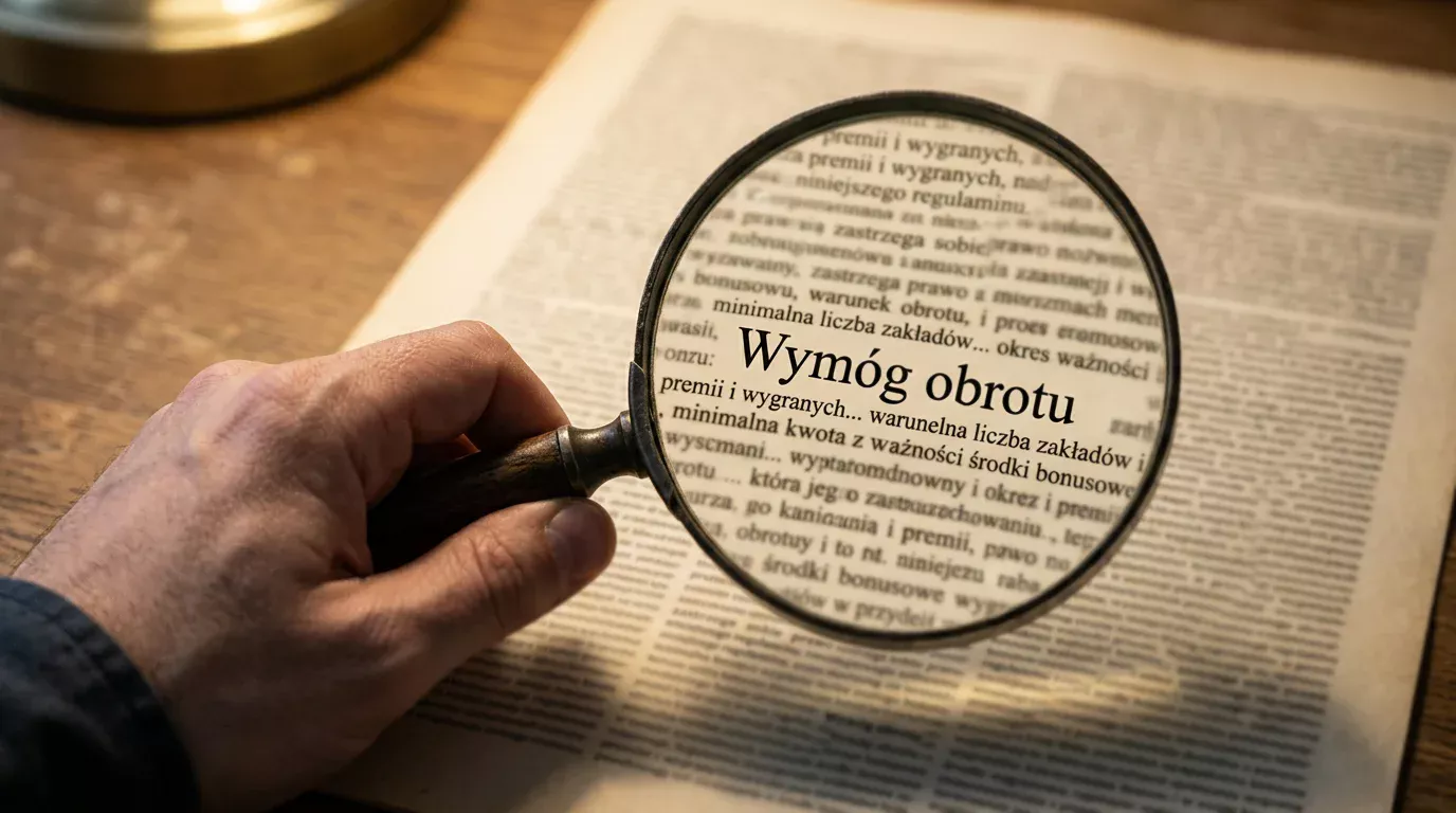 Drobny druk regulaminu bonusu kasynowego z warunkami obrotu czytany pod lupą