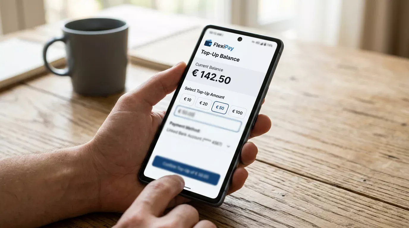 Doładowanie salda e-portfela na ekranie smartfona jako etap pośrednictwa płatniczego