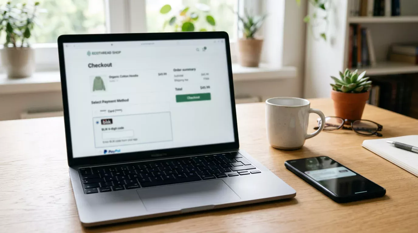 Płatność BLIK przy zakupach online na ekranie laptopa i potwierdzenie w telefonie