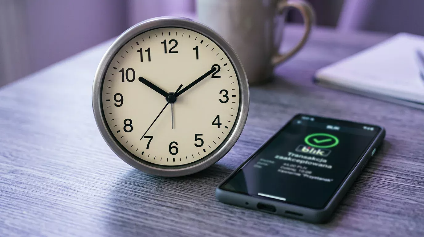 Zegar obok ekranu telefonu z płatnością BLIK ilustrujący czas wpłaty i wypłaty w kasynie