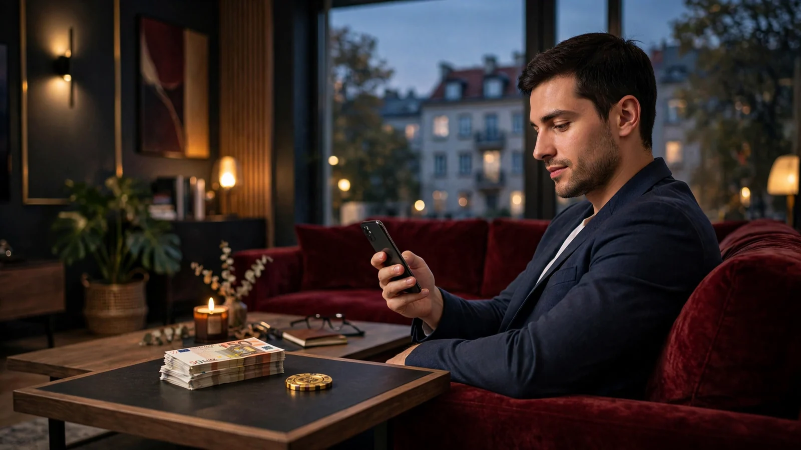 Osoba z telefonem w eleganckim wnętrzu, żetony i banknoty euro