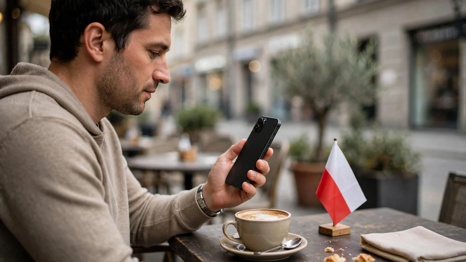 Osoba w kawiarni trzymająca smartfon ekranem odwróconym od kamery