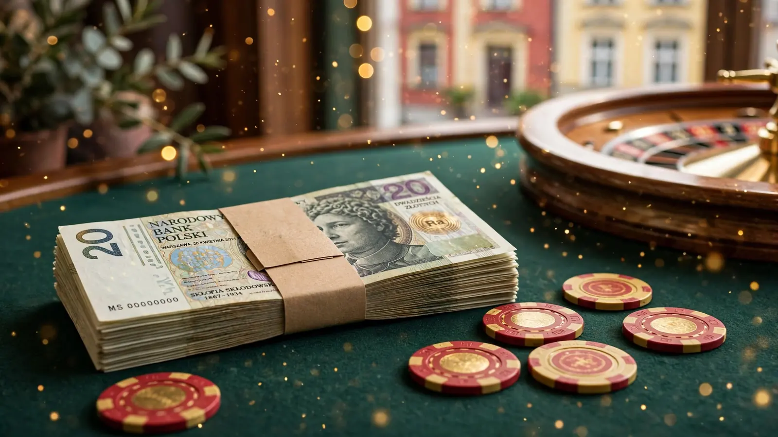 Stos polskich banknotów 20 złotych z żetonami kasynowymi na zielonym stole