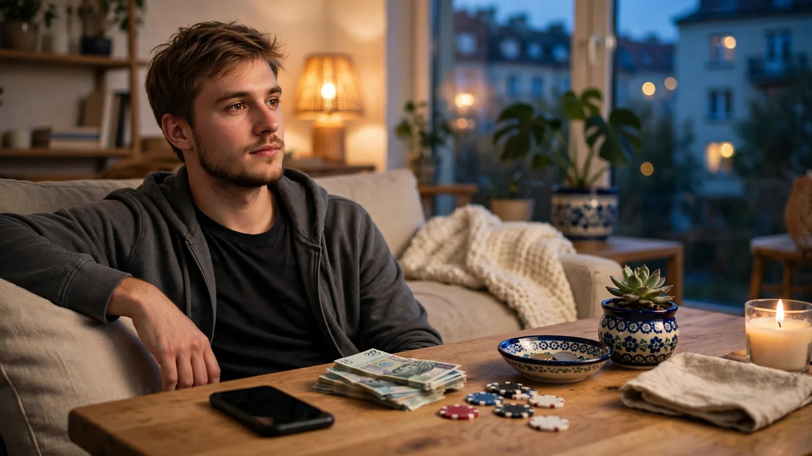 Polak w domu z telefonem i banknotami złotowymi przy chipach kasynowych