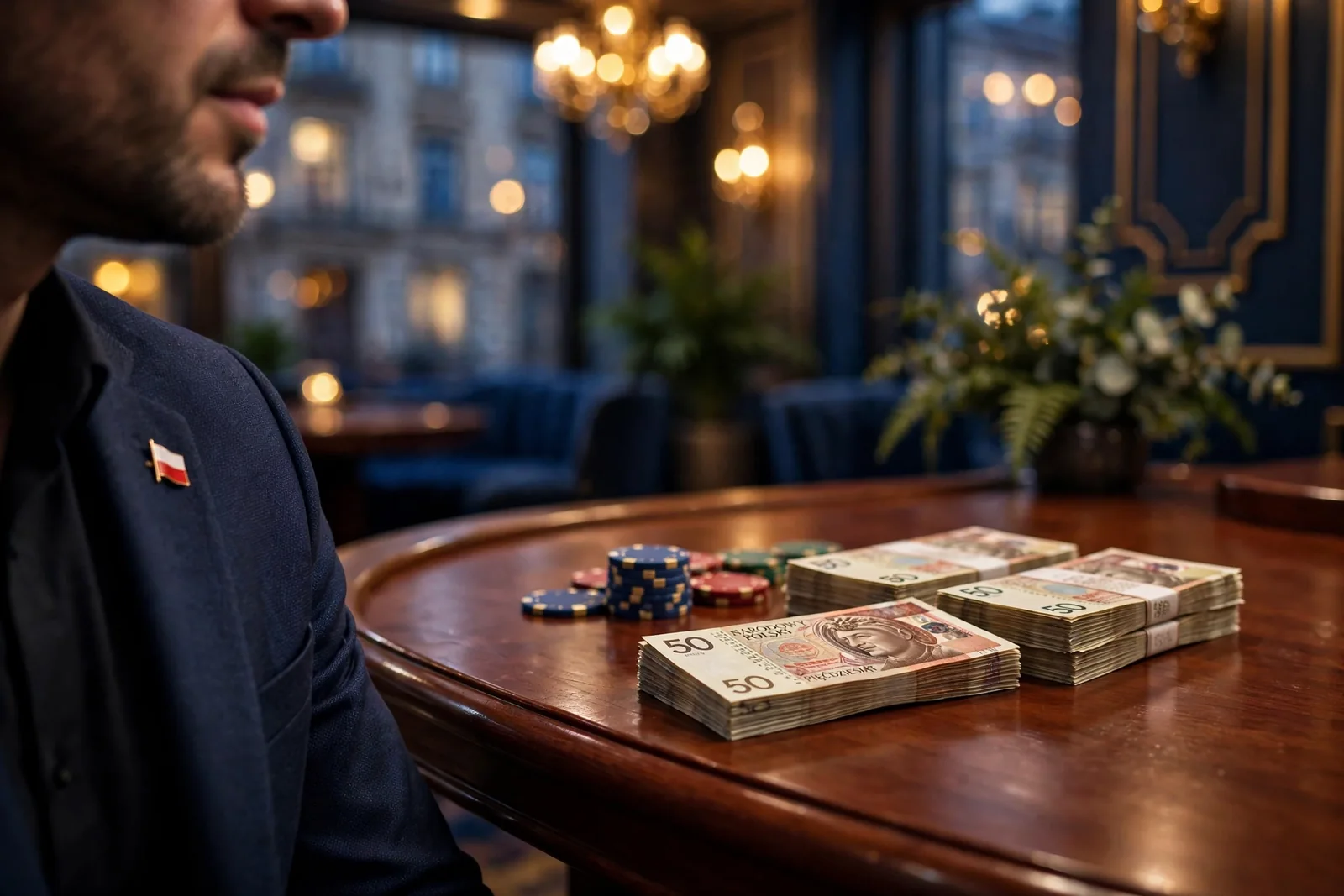 Stylowy stół kasynowy z banknotami 50 zł i żetonami