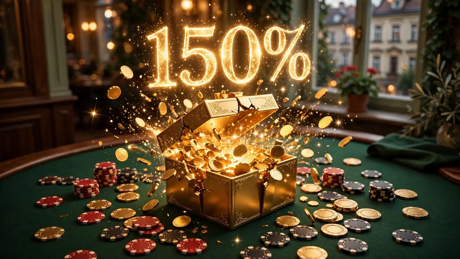 Złota szkatuła z monetami i żetonami kasynowanszmi symbolizująca bonus 150%.