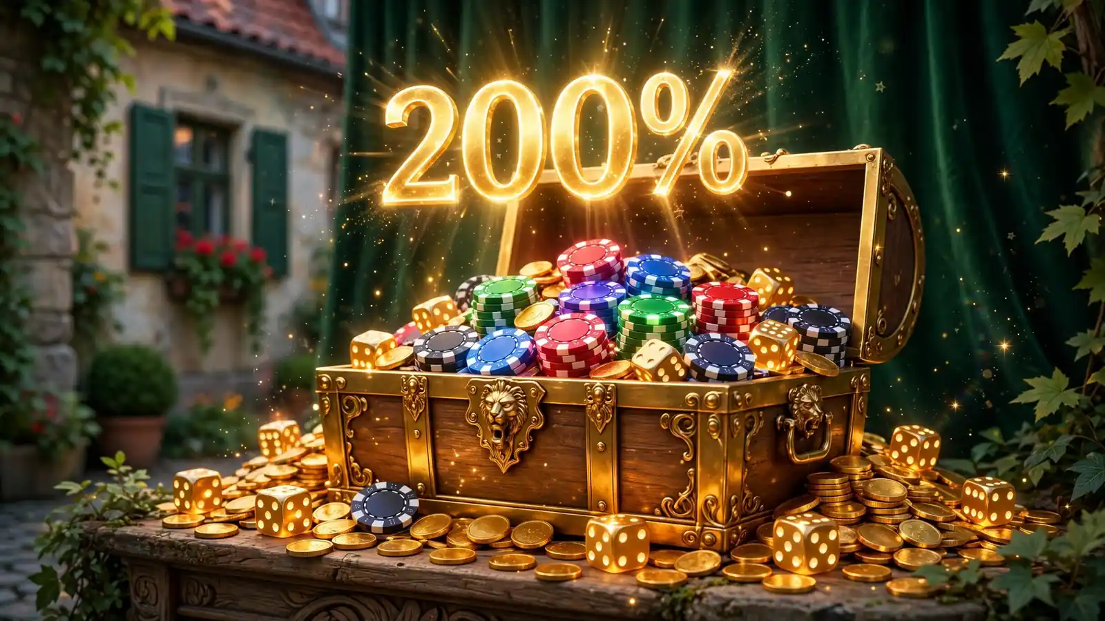 Skrzynia skarbów z żetonami kasynowymi i symbolem 200%