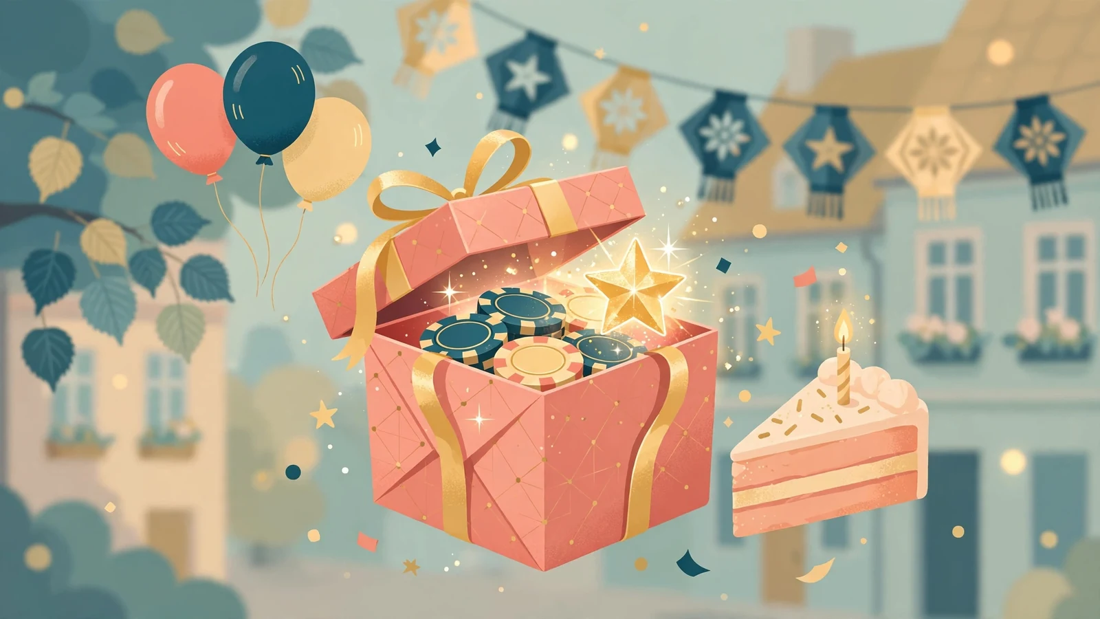 Ilustracja prezentu urodzinowego z żetonami kasynowymi i konfetti