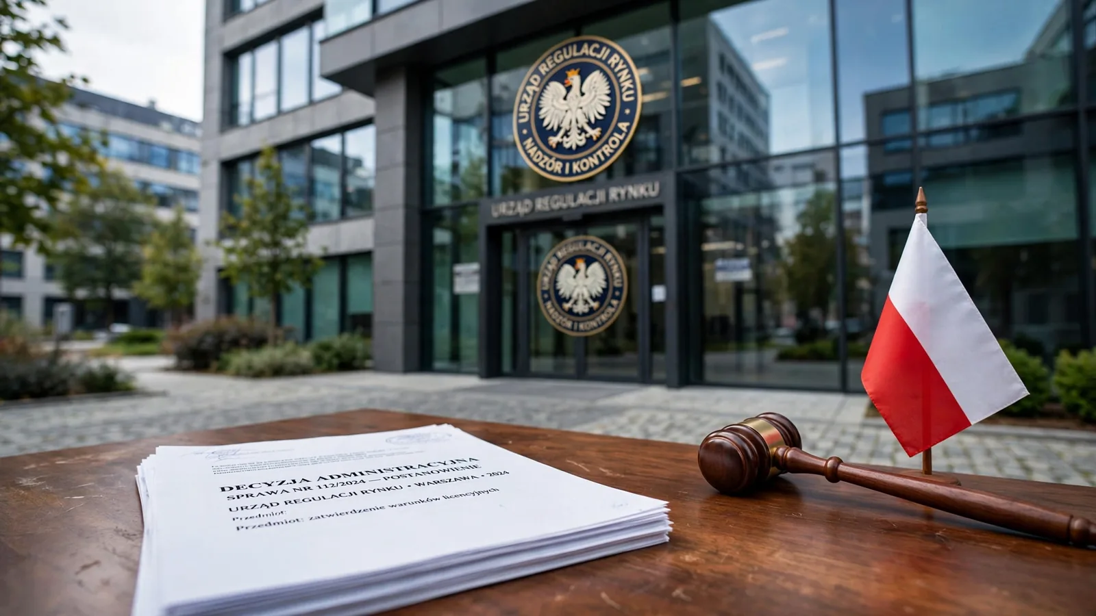 Polskie biuro regulacyjne z dokumentami i flagą Polski