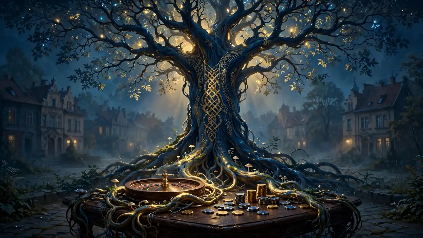 Ilustracja skandynawskiego drzewa świata Yggdrasil połączonego z kołem ruletki i żetonami na stole.