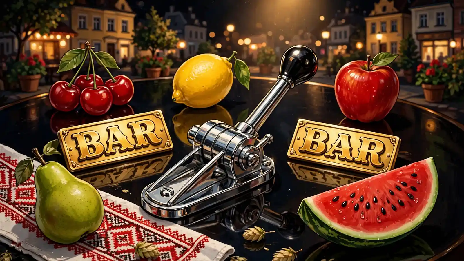 Klasyczne symbole owocowe automatów: wiśnie, cytryny, jabłka i znaki BAR w stylu retro