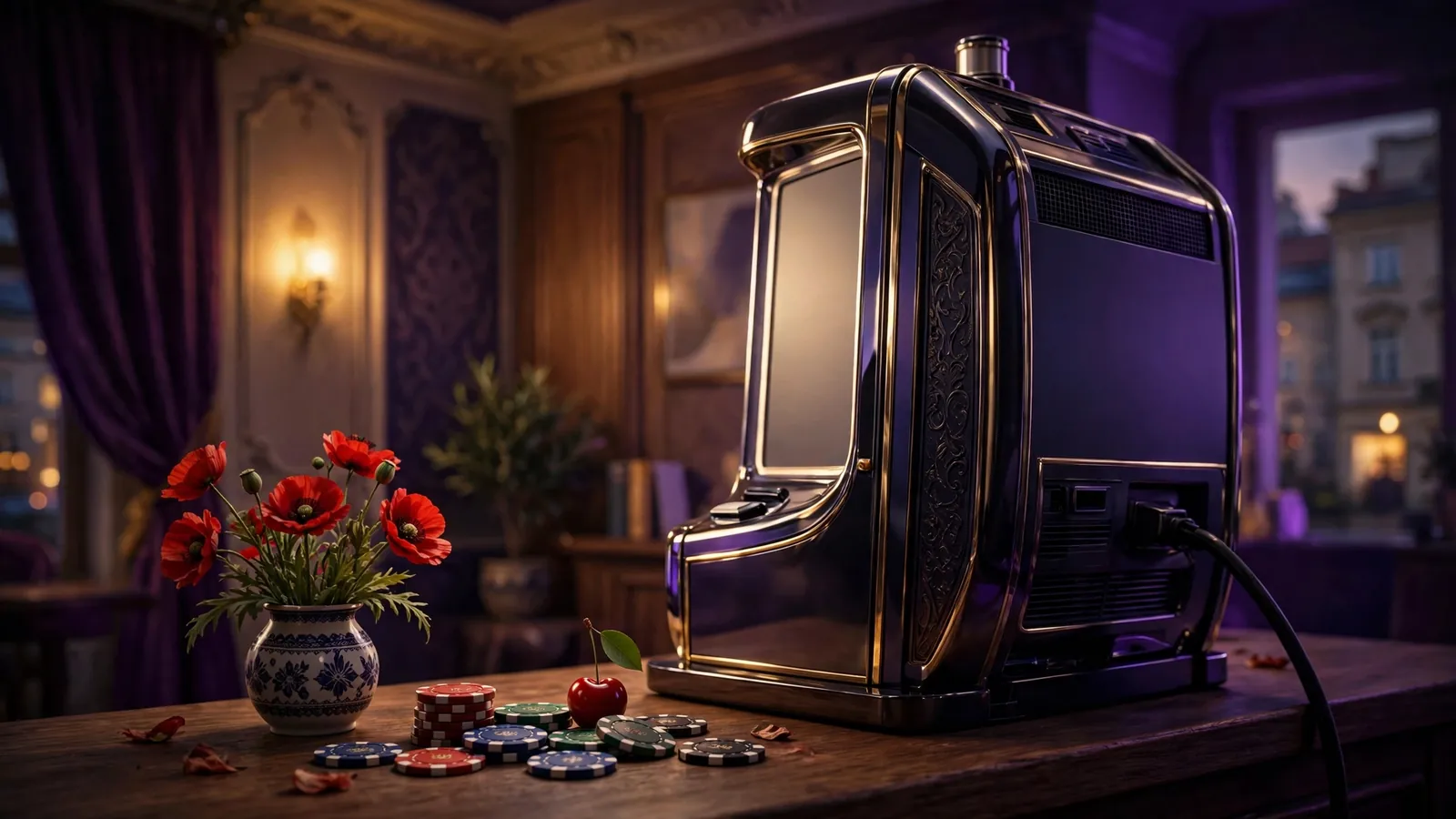 Elegancki automat do gier w stylowym wnętrzu z kolorowymi żetonami i polskimi akcentami