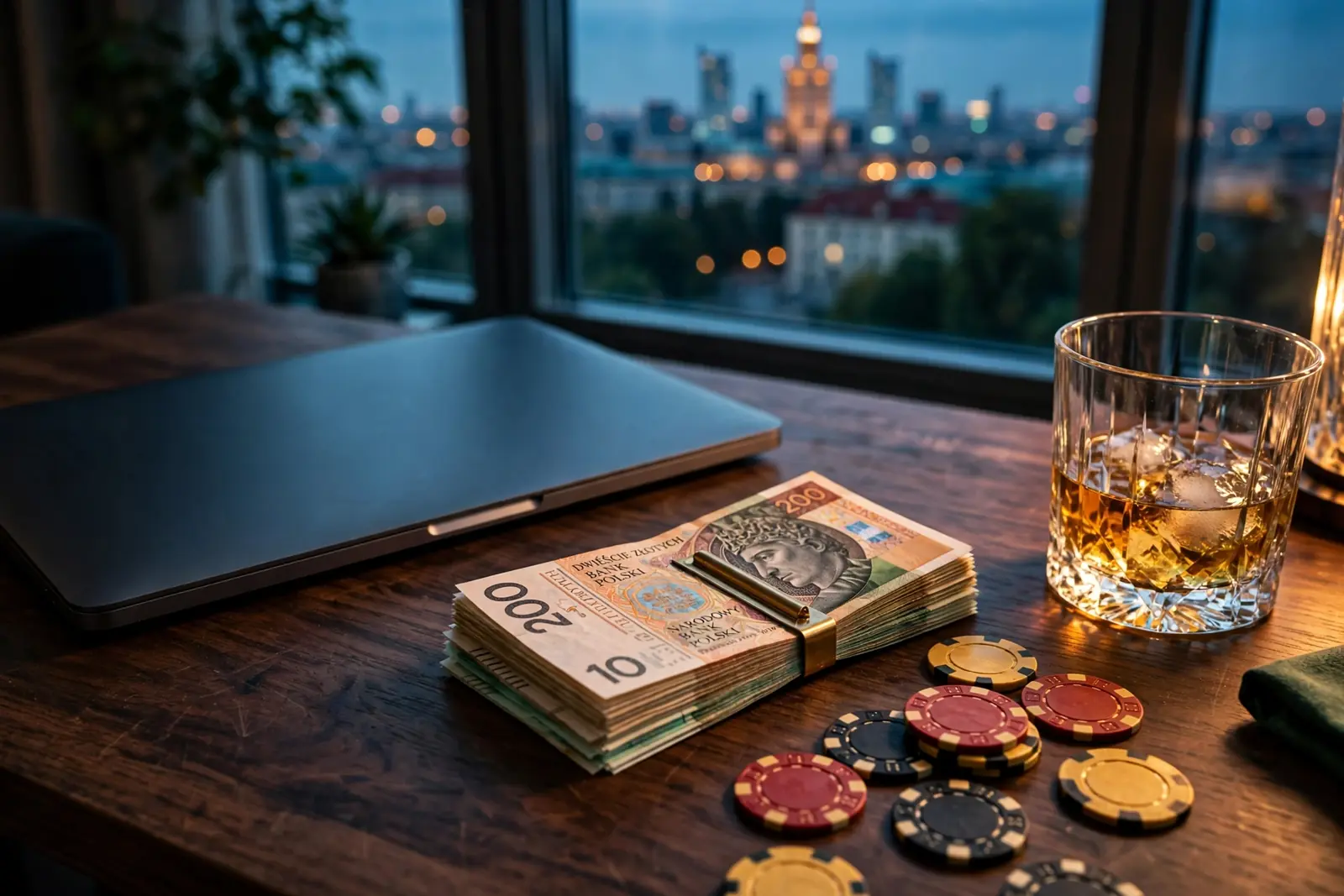 Polskie banknoty, żetony i laptop na biurku przy oknie z widokiem na Warszawę