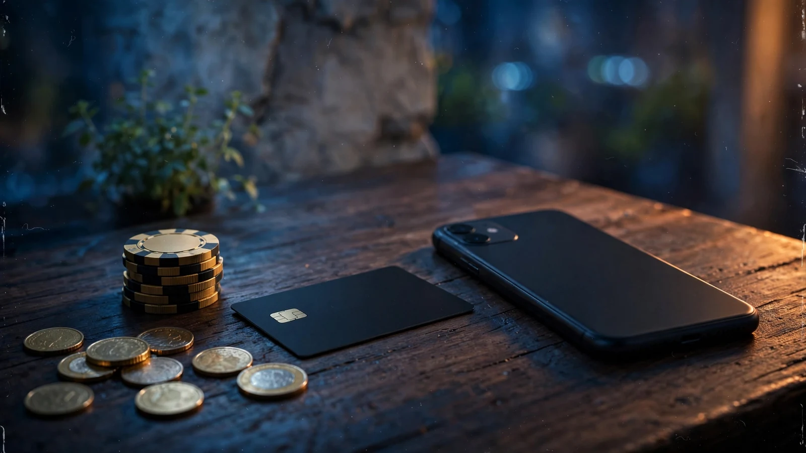 Smartfon, żetony kasynowe i monety na stole