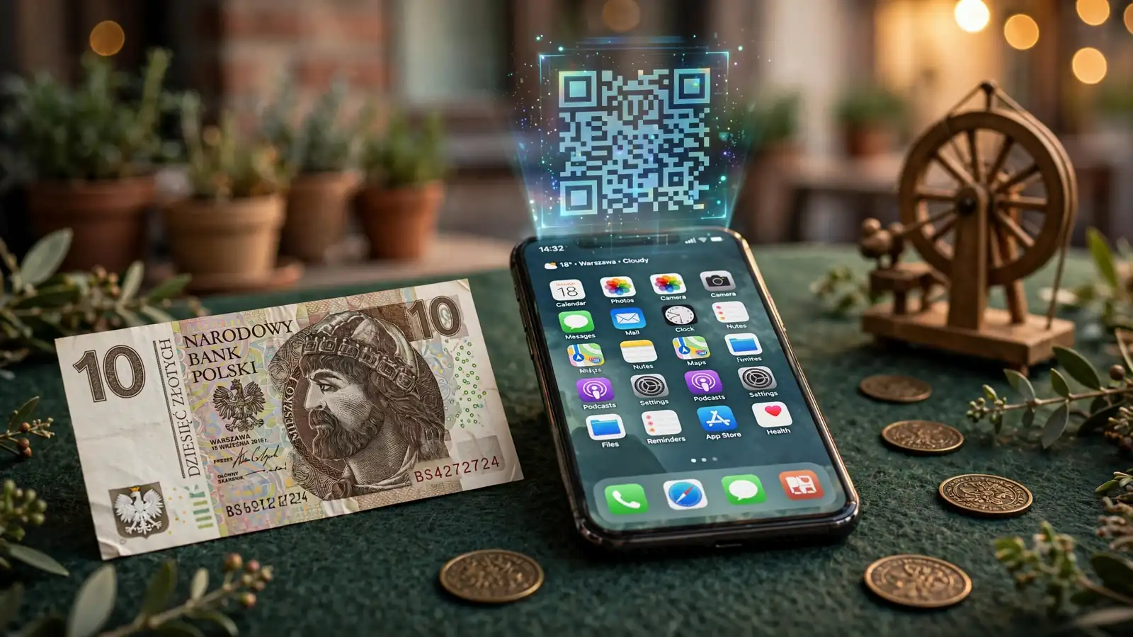 Banknot 10 zł, telefon i żetony kasynowe na zielonym filcu
