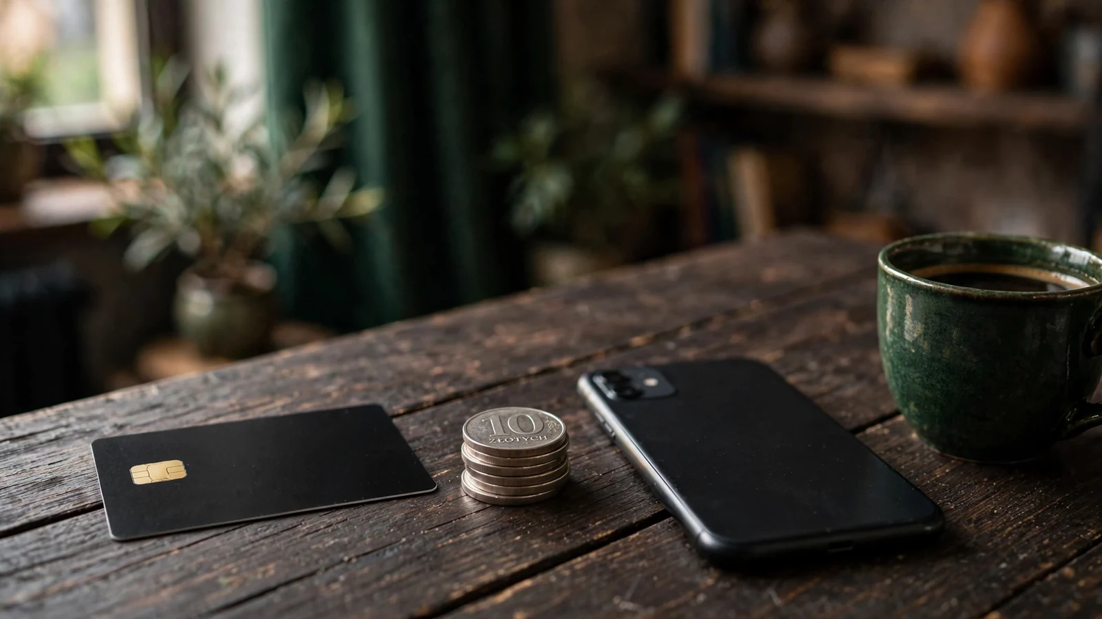 Karta Mastercard, monety 10 zł i telefon na biurku