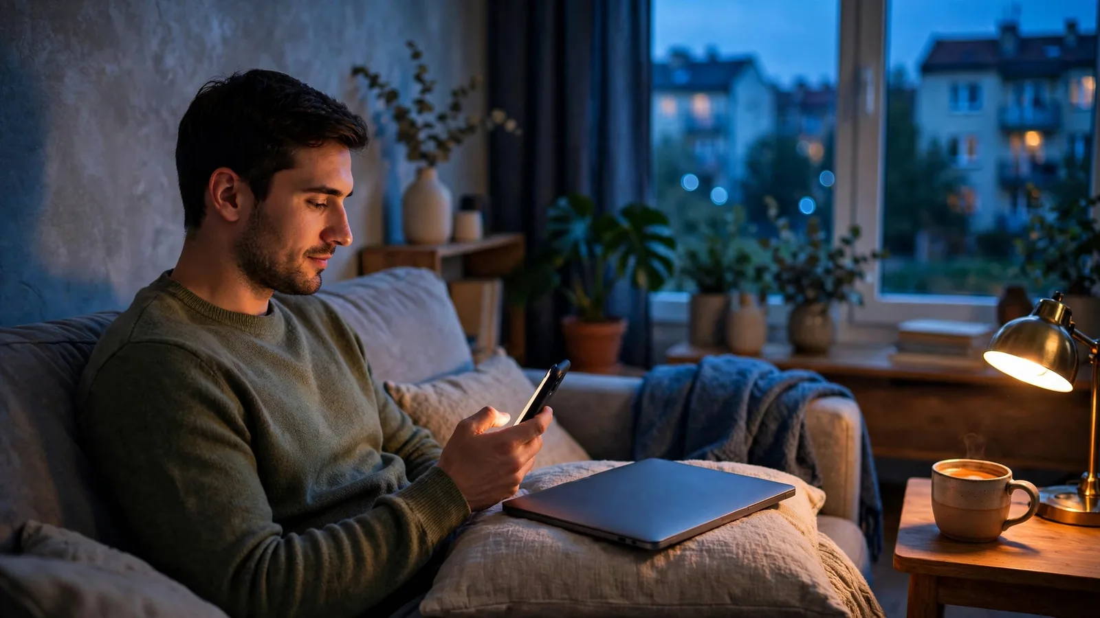 Osoba korzystająca z laptopa i smartfona w przytulnym wnętrzu wieczorem