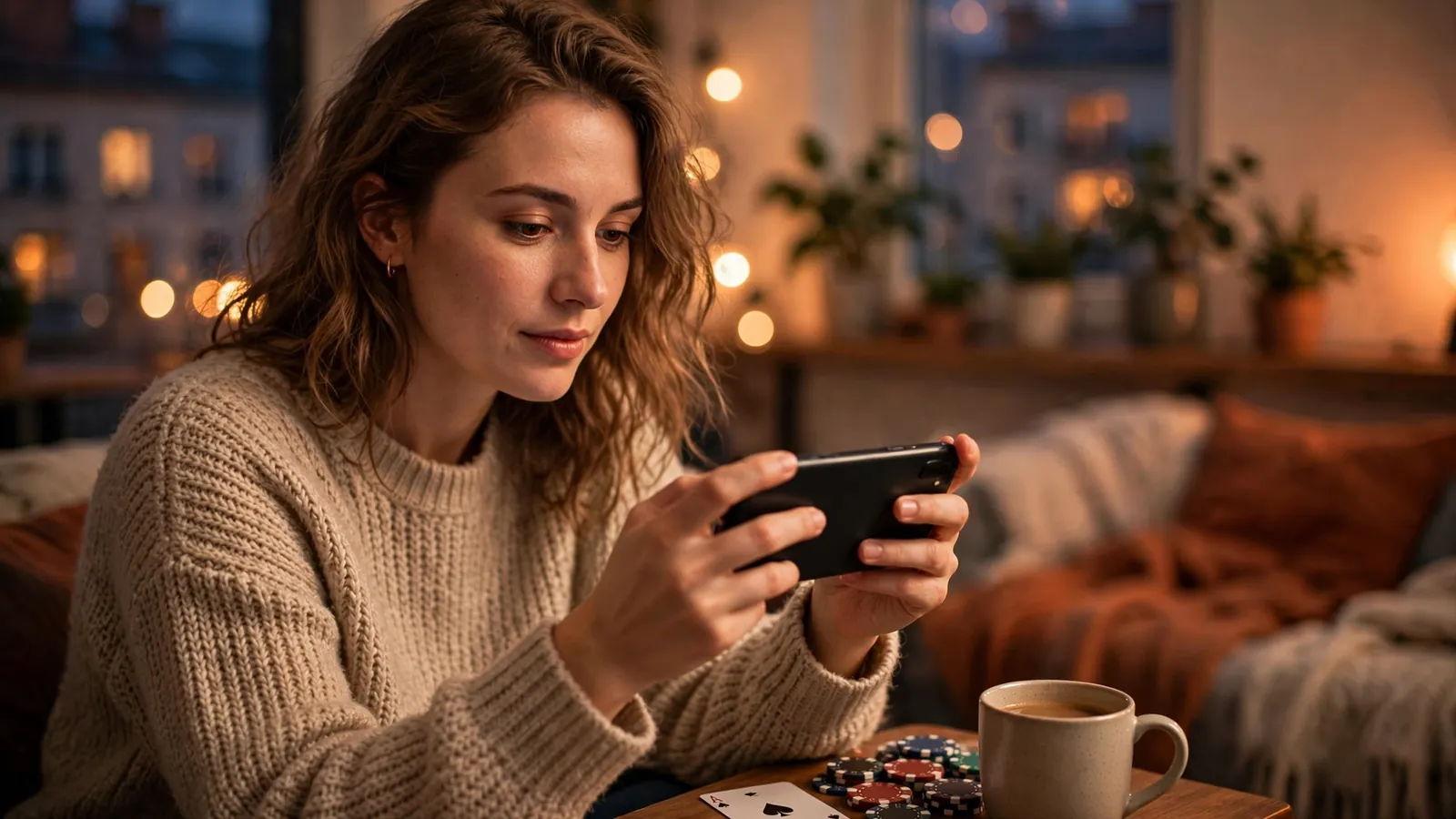 Polka trzymająca smartfon w przytulnym wnętrzu wieczorem, obok żetony i karta do gry