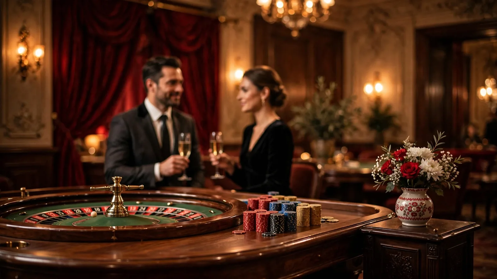 Eleganckie wnętrze kasyna z ruletką, żetonami i polskimi akcentami dekoracyjnymi.