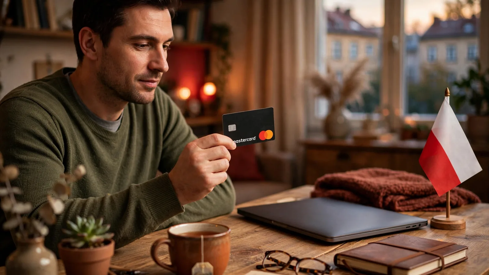 Polak trzyma kartę Mastercard przy laptopie z polską flagą