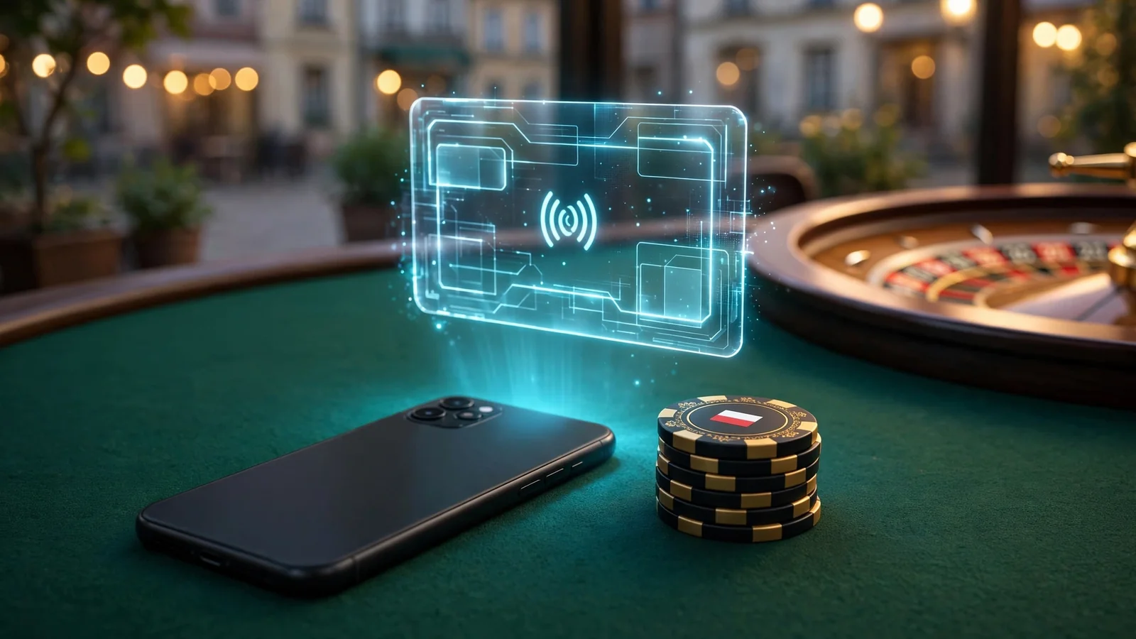 Smartfon na zielonym stole kasynowym z żetonami i kulą ruletki oraz świecąca karta płatnicza Jeton