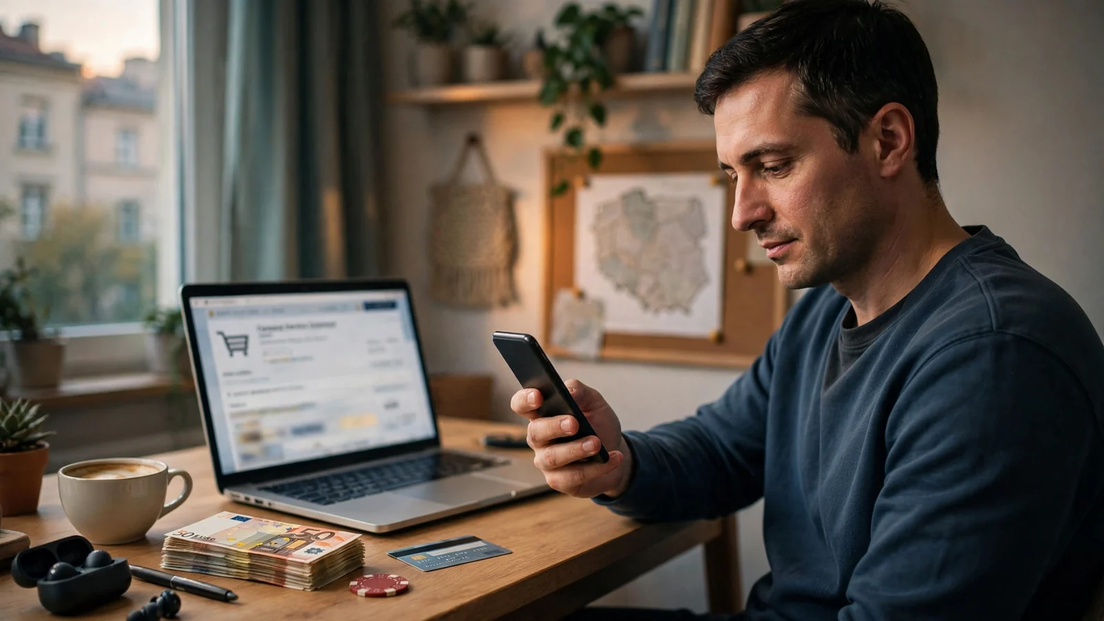 Mężczyzna przy biurku ze smartfonem i laptopem, dokonuje wpłaty w kasynie online przez Klarna