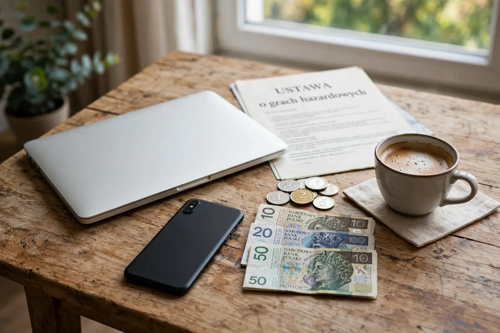 Polskie złoty, zamknięty laptop i dokumenty na stole