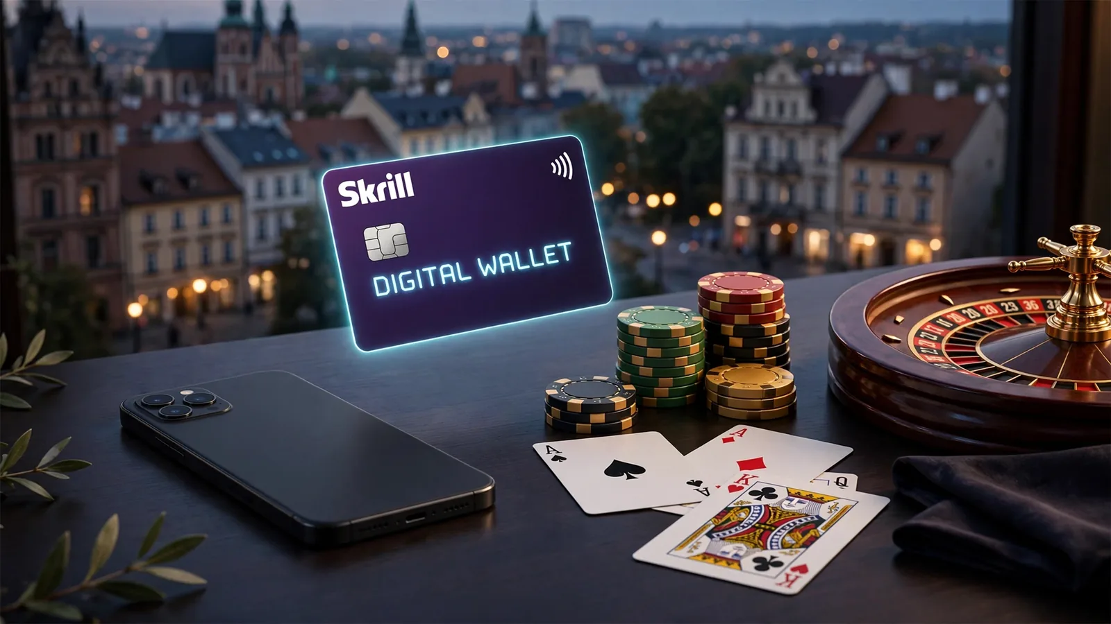Smartfon, karta Skrill, żetony i ruletka na eleganckim stole kasynowym.