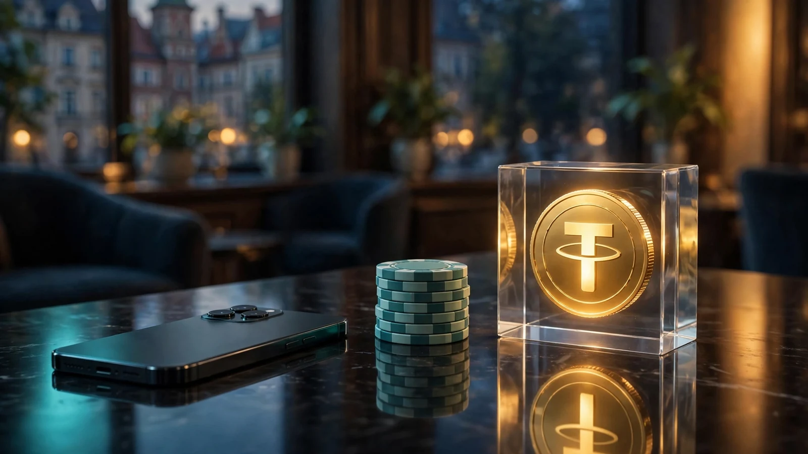 Stylizowana scena: smartfon, żetony kasynowe i moneta Tether USDT na ciemnym blacie