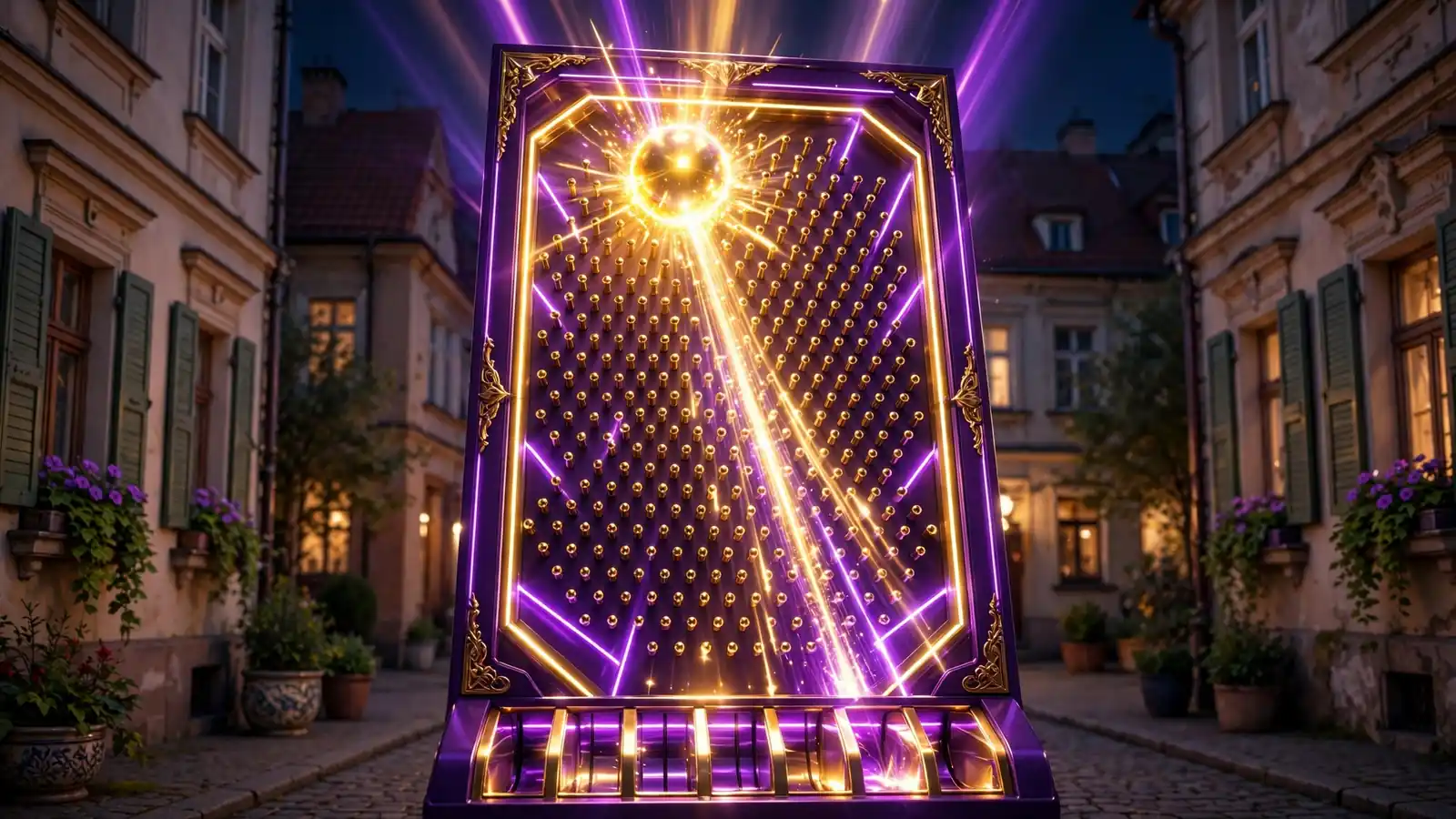Kulka spadająca przez planszę Plinko w stylu kasyna online, fioletowo-złota kolorystyka