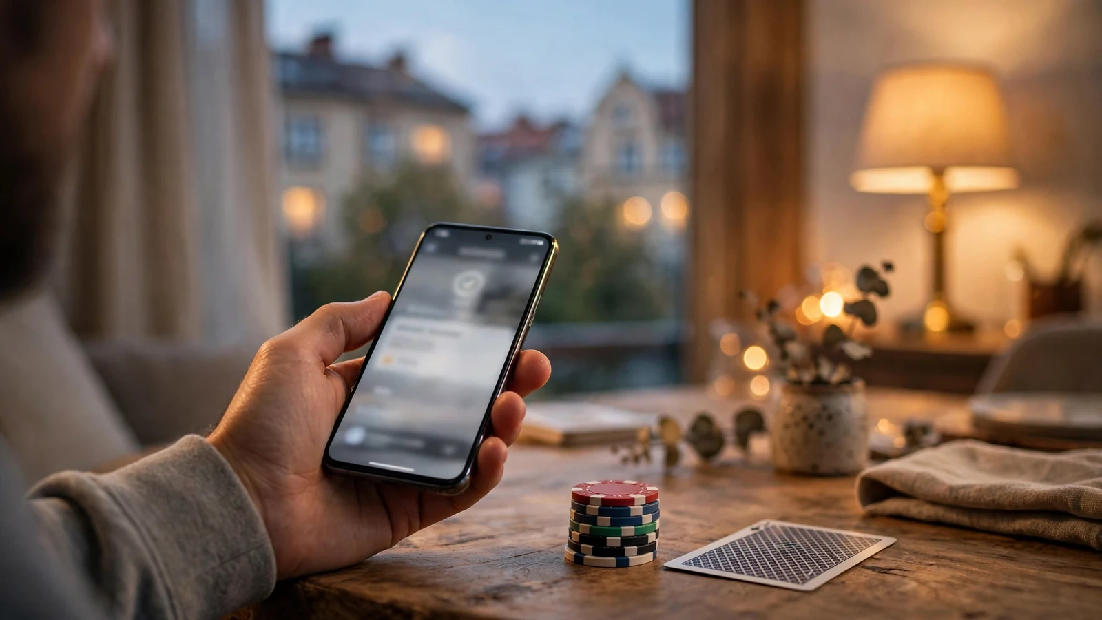 Ręka trzymająca smartfon obok żetonów kasynowych na stole