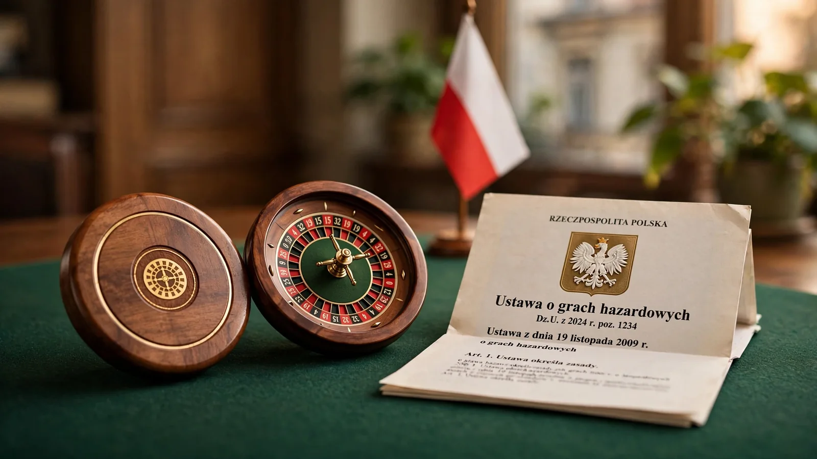 Żeton kasynowy i ruletka na zielonym filcu obok polskiego dokumentu urzędowego z pieczęcią