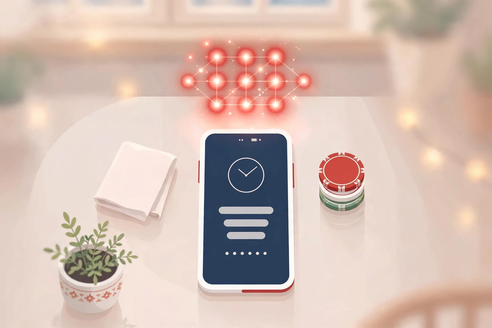 Smartfon z kodem BLIK obokfaj żetonów kasynowych na stole