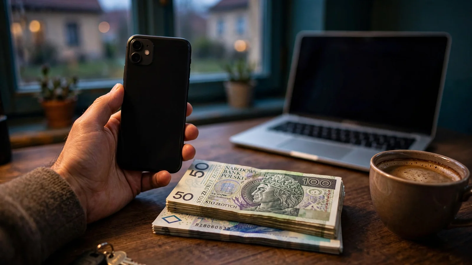 Dłoń trzymająca telefon, banknoty i kawa na biurku