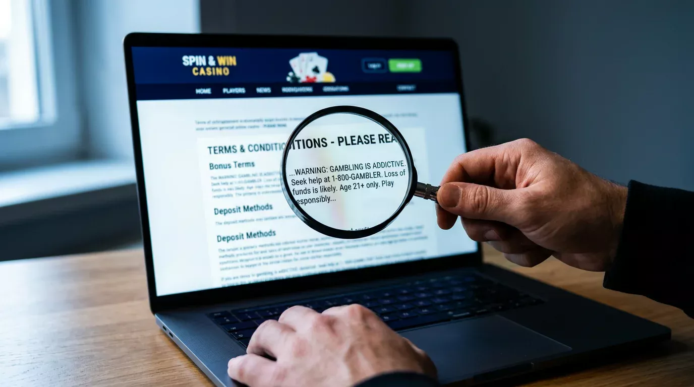 Lupa nad ekranem ze stroną kasyna online ujawniająca sygnały ostrzegawcze nielegalnego operatora