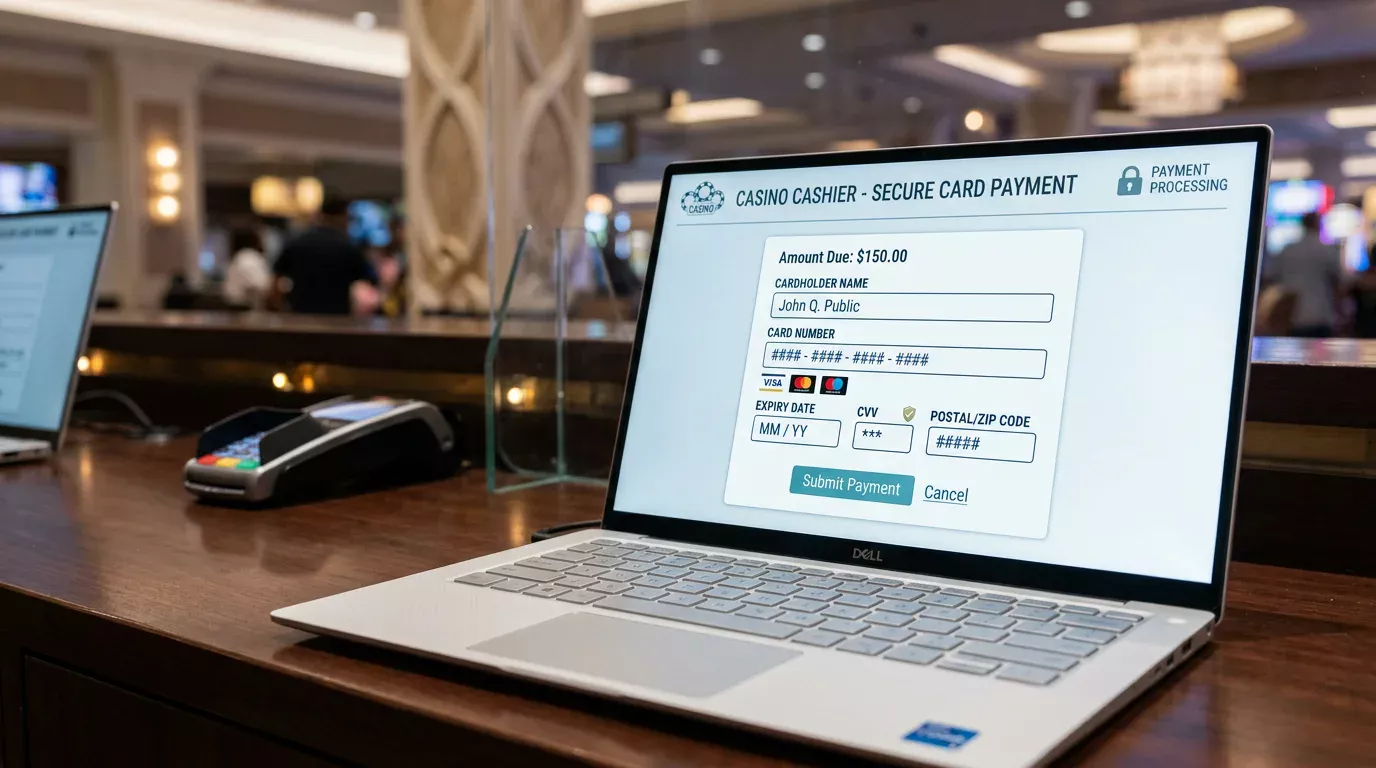Formularz płatności kartą w kasjerze kasyna online na ekranie laptopa