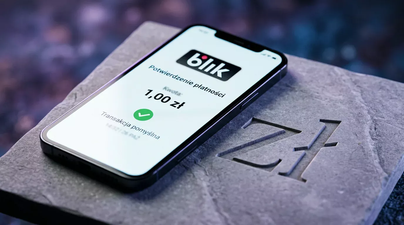 Symboliczny znak złotówki obok ekranu telefonu z płatnością BLIK ilustrujący mikrodepozyt