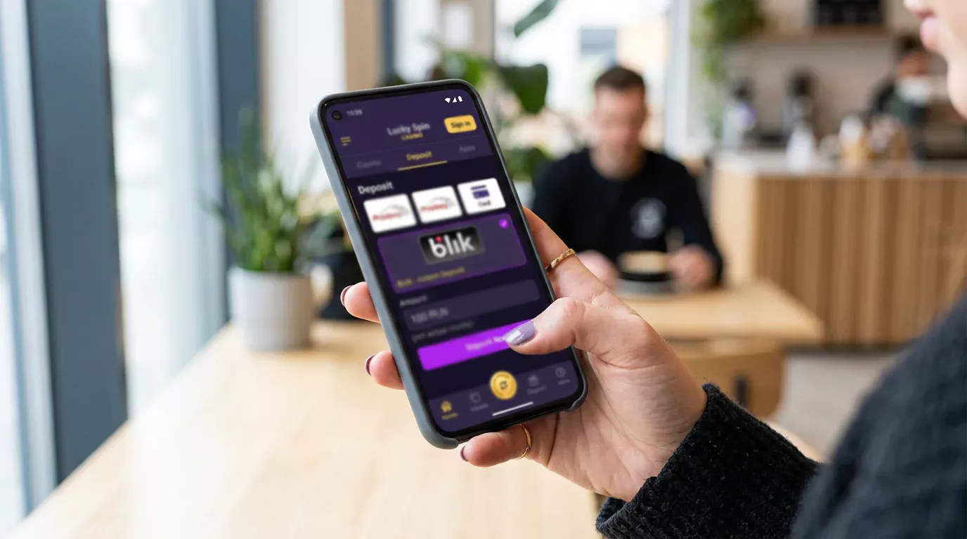 Smartfon z otwartą stroną kasyna i aplikacją BLIK ilustrujący płatność mobilną