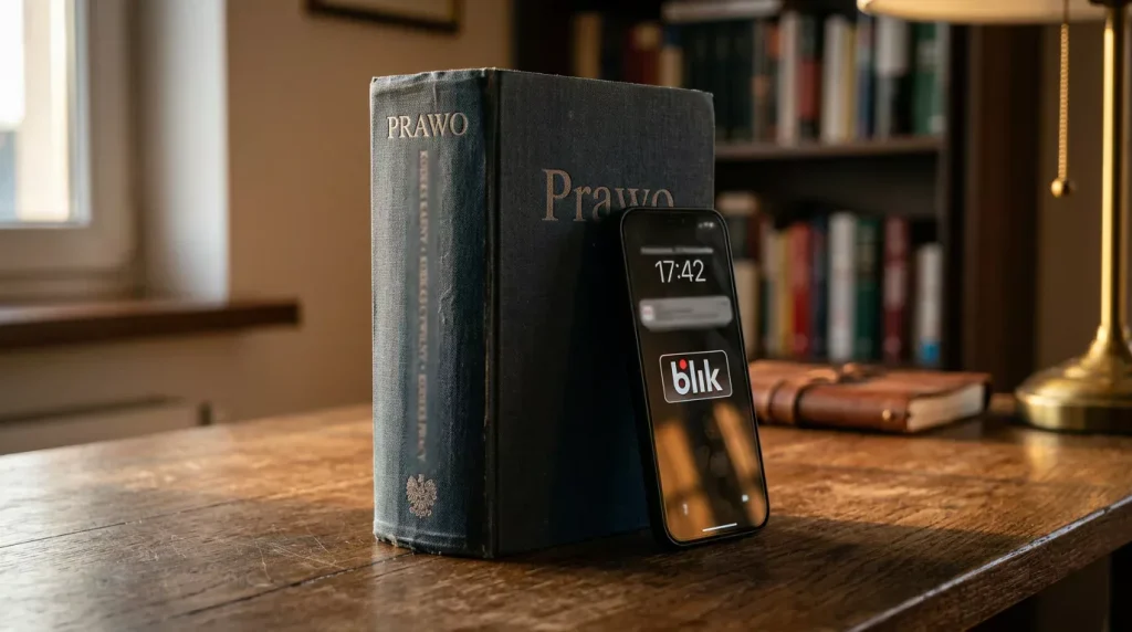 Polski kodeks prawny obok symbolu płatności BLIK, ilustracja statusu prawnego kasyn online
