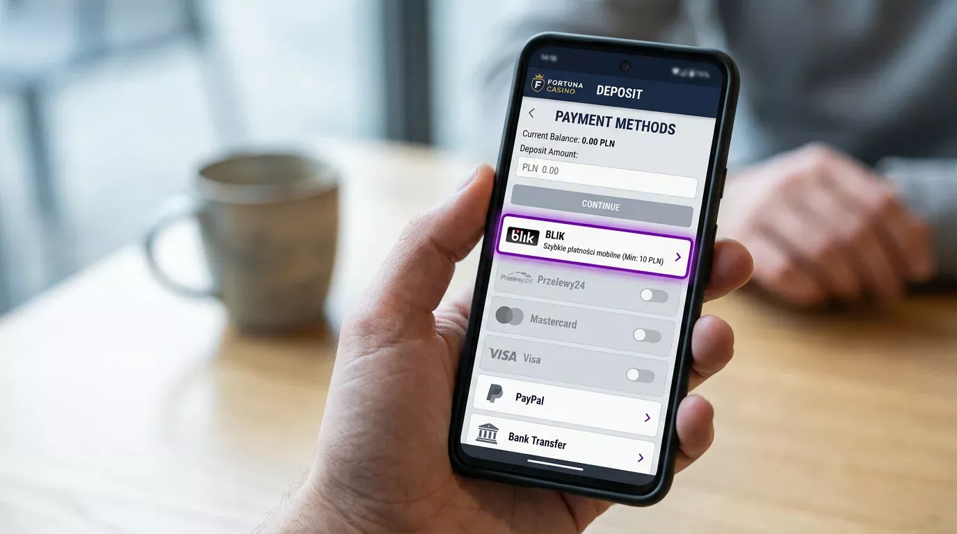 Lista metod płatności z BLIK w legalnym kasynie online na ekranie telefonu