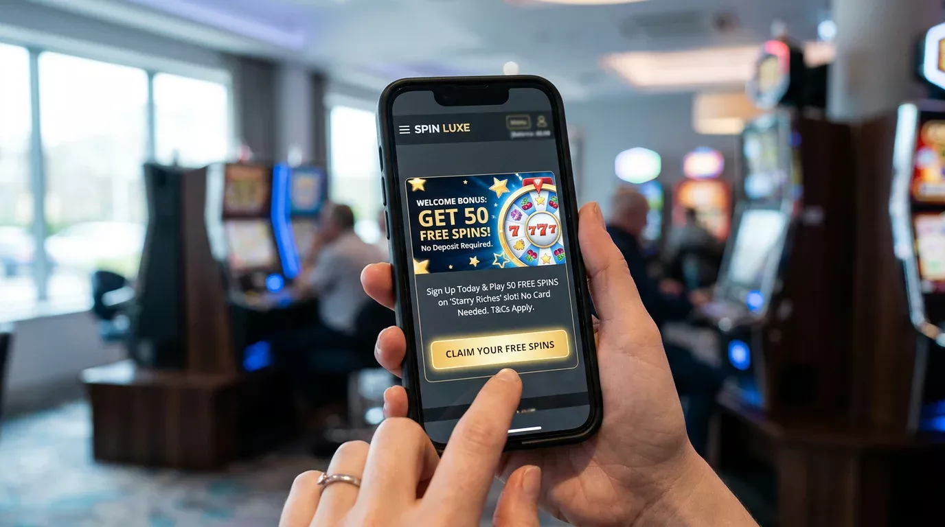 Banner promocji bez depozytu na ekranie kasyna online widoczny na telefonie