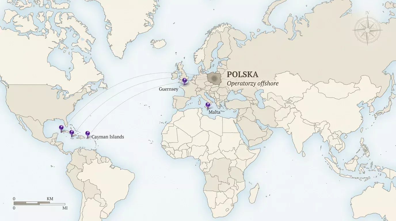 Mapa świata z zaznaczonymi zagranicznymi jurysdykcjami operatorów offshore obsługujących polskich graczy