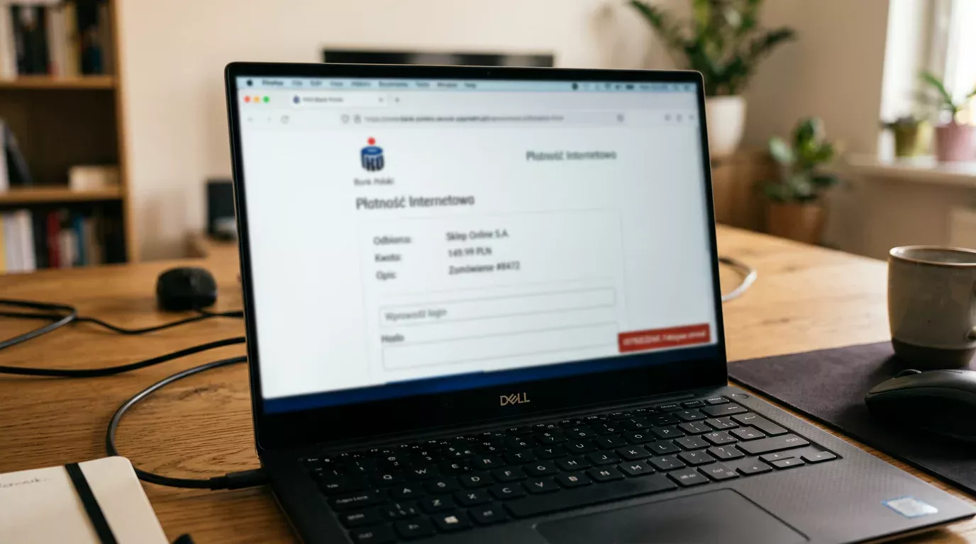 Fałszywa strona płatności udająca bramkę banku z drobną różnicą w adresie internetowym