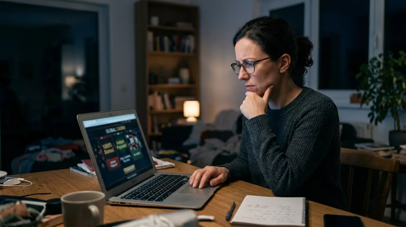 Osoba analizująca podejrzaną stronę kasyna online na laptopie