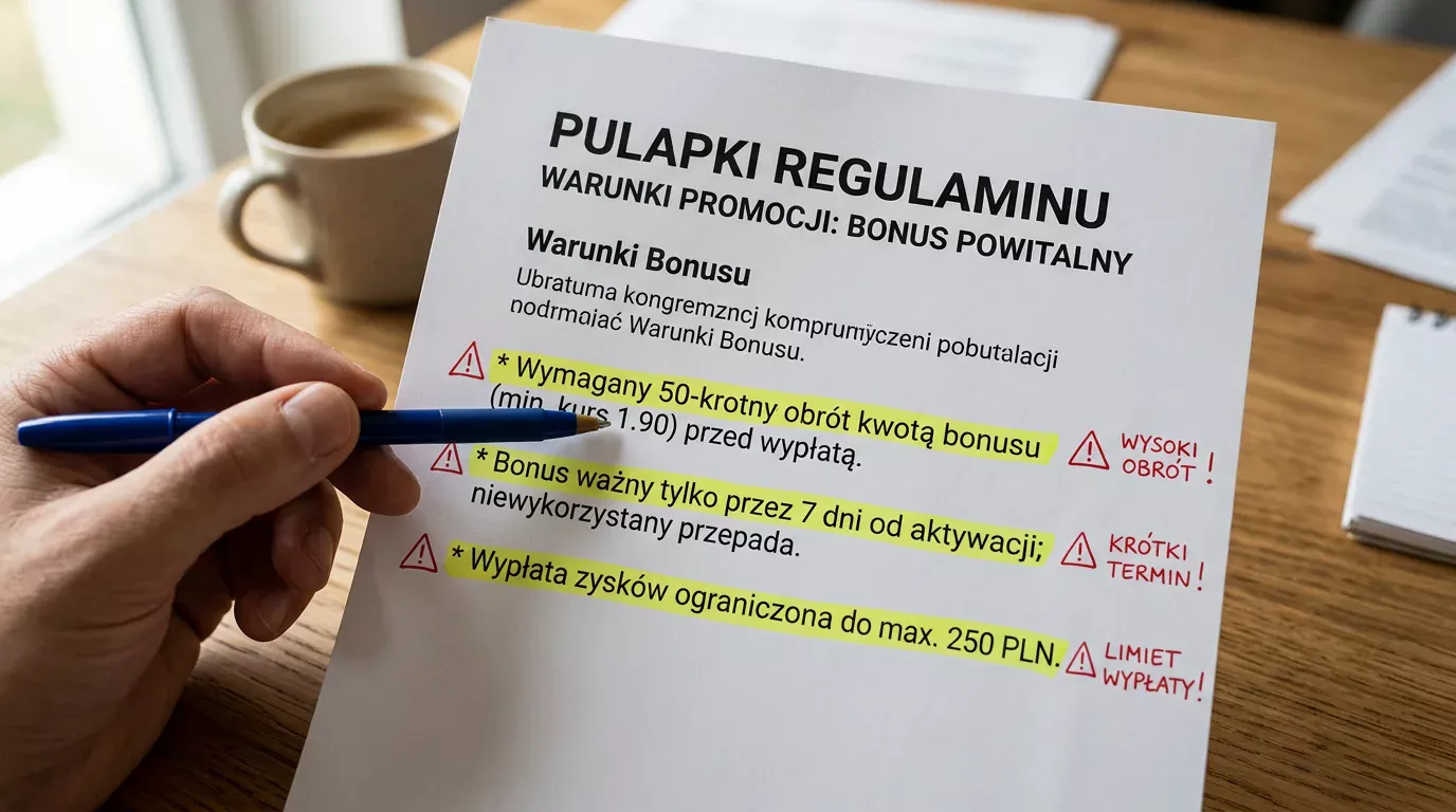 Regulamin bonusu z zaznaczonymi haczykami: maksymalna stawka, limit wypłaty i terminy obrotu