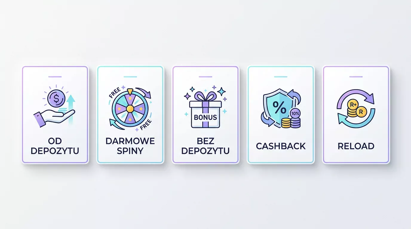 Zestawienie rodzajów bonusów kasynowych: od depozytu, darmowe spiny, bez depozytu, cashback i reload